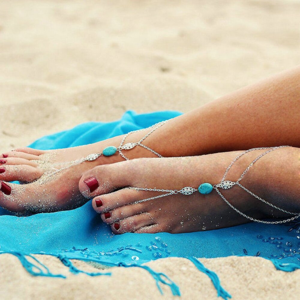 New Womens Turquoise & Silver Anklet Or Slave Bracelet 8-12"